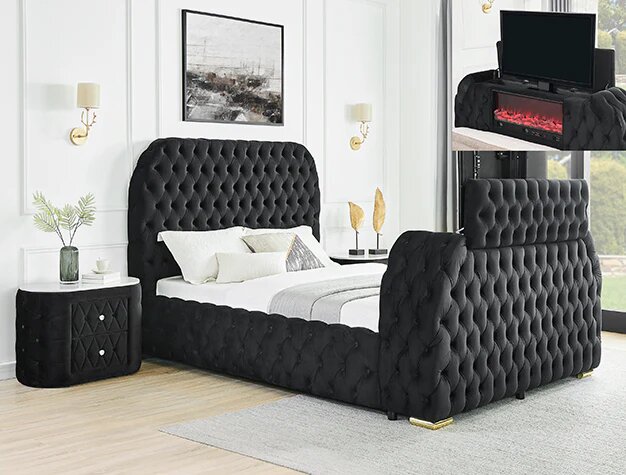 Queen TV Fireplace Bed | Black Faux Fur Bedroom Set